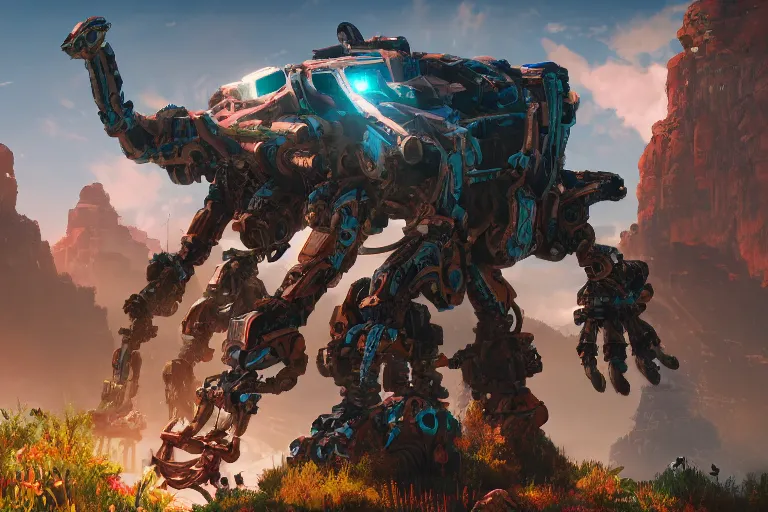 Prompt: rockbreaker machine mecanical creature robot of horizon forbidden west horizon zero dawn bioluminiscence global illumination ray tracing hdr fanart arstation by ian pesty and alena aenami artworks in 4 k