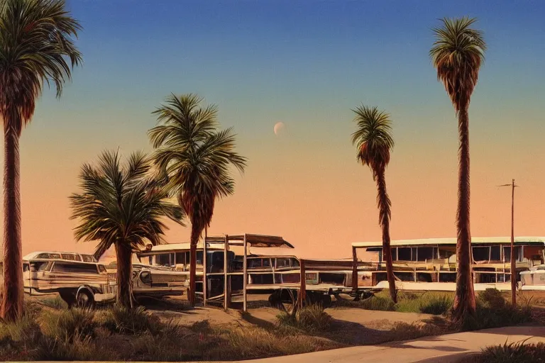 Prompt: natural american landscape | abandoned motel | palm trees | snowy mountains | moon in sky, painting by syd mead and weta studio and moebius and james jean and frank frazetta, highly detailed, rule of third, soft lighting, 8 k resolution, oil on canvas, architectural magazine, beautiful detailed, insanely intricate details, artstation trending, hypermaximalistic, high details, cinematic