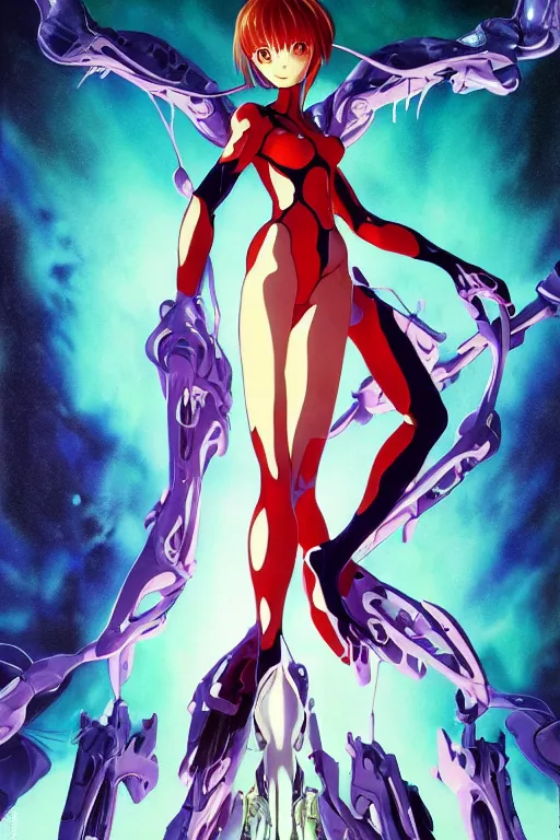 Prompt: beautiful full length movie poster for End of Evangelion unit 01 as a glowing mechanic god, like blackpink lisa+smoky eyes+front face l, ultradetail face, art and illustration by tian zi and craig mullins and WLOP and alphonse mucha, fantasy, intricate complexity, human structure, human anatomy, fantasy character concept, watermark, blurry, hyperrealism 8k