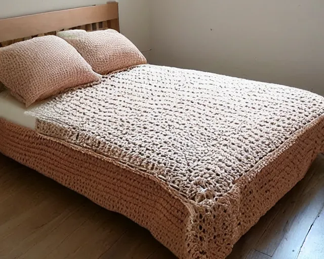 Image similar to crocheted bed, entire bed made of thick soft yarn woven in intricate patterns, comfy, comfortable, warm, soothing, relaxing, wholesome