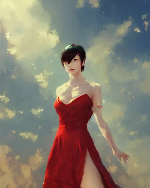 Image similar to elegant ada wong in a red cottagecore dress, portrait, illustration, rim light, top light, summer clear blue sky, perfectly shaded, soft painting, art by krenz cushart and wenjun lin