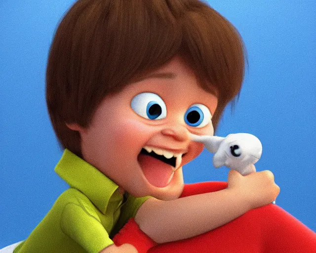 Image similar to detailed cartoon portrait of a little boy with a runny nose singing to his grandpa, 3 d pixar, sharp high quality