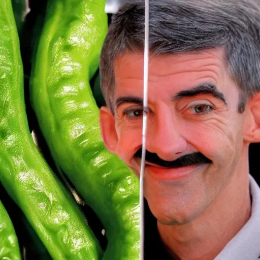 Image similar to a giant string bean with the face of mister bean