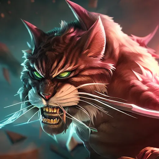 Image similar to league of legends rengar, very detailed, 4 k, chromatic aberration, global illumination, vivid colors, volumetric lighting