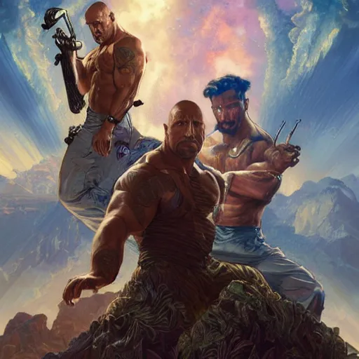 Image similar to Dwayne Johnson and Ryan Gosling Save the World, fantasy, intricate, elegant, highly detailed, digital painting, artstation, concept art, smooth, sharp focus, illustration, art by artgerm and greg rutkowski and alphonse mucha