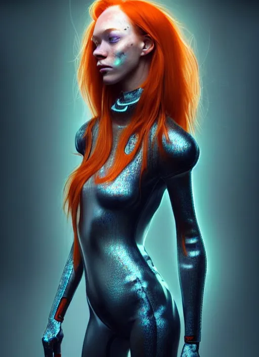 Prompt: beautiful scandinavian redhead female humanoid with freckles, by loish, d & d, fantasy, cyber neon lighting, futurism, intricate futuristic jewelry accessories, cyberpunk high fashion glossy latex suit, profile posing, perfect anatomy, hyper photorealistic, digital photography, artstation, pinterest, concept art, art by pascal blanche and greg rutkowski,