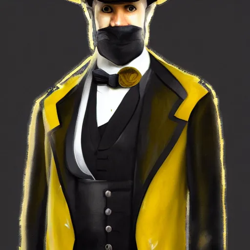 Image similar to a highly detailed portrait of a man in a high top hat covering his face, in a black tailcoat with a yellow waistcoat under the tailcoat, artstation, deviantart, professional, unreal engine 5, photorealistic