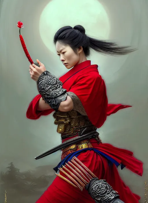 Image similar to ultra realistic illustration of a wrathful samurai warrior woman dressed in red holding a lotus flower, killing street thugs dressed in blue garb, cinematic scene, intricate, elegant, highly detailed, lotus flower, digital painting, artstation, concept art, smooth, sharp focus, illustration, art by artgerm and greg rutkowski and alphonse mucha and wlop