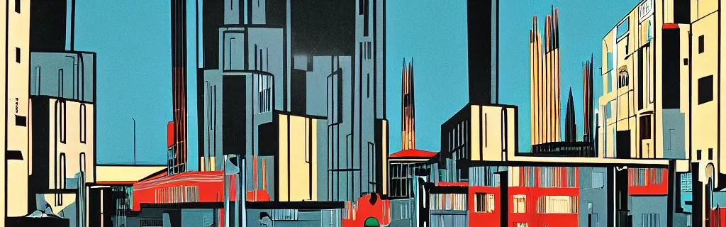 Image similar to coventry city centre, modernism, gouache, animated film, stylised, illustration, by eyvind earle, scott wills, genndy tartakovski, syd mead