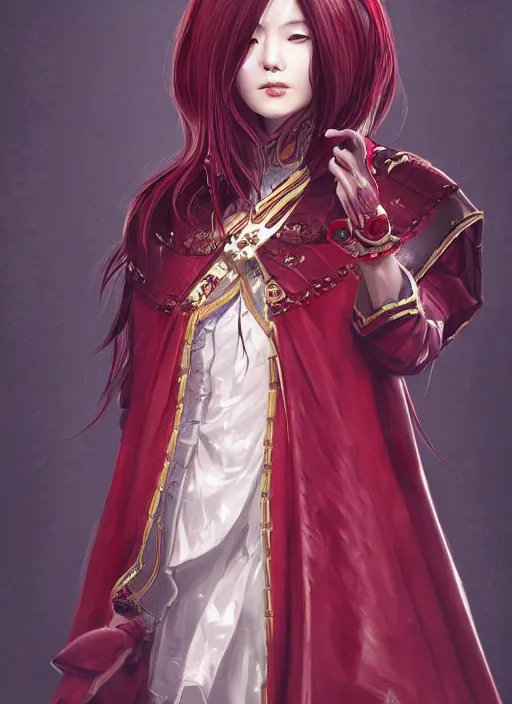 Image similar to a highly detailed illustration of beautiful long dark red haired japanese woman wearing wine red epaulette uniform and coat cape, dramatic wielding strings pose, intricate, elegant, highly detailed, centered, digital painting, artstation, concept art, smooth, sharp focus, league of legends concept art, wlop