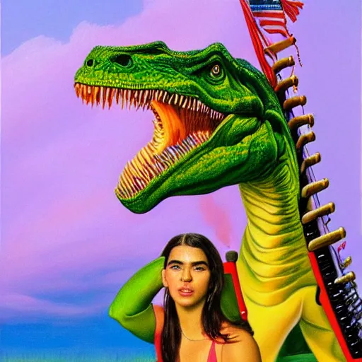 Prompt: Dua Lipa riding a dinosaur playing a keytar, painted by Boris Vallejo 1990, hyper realistic, artstation