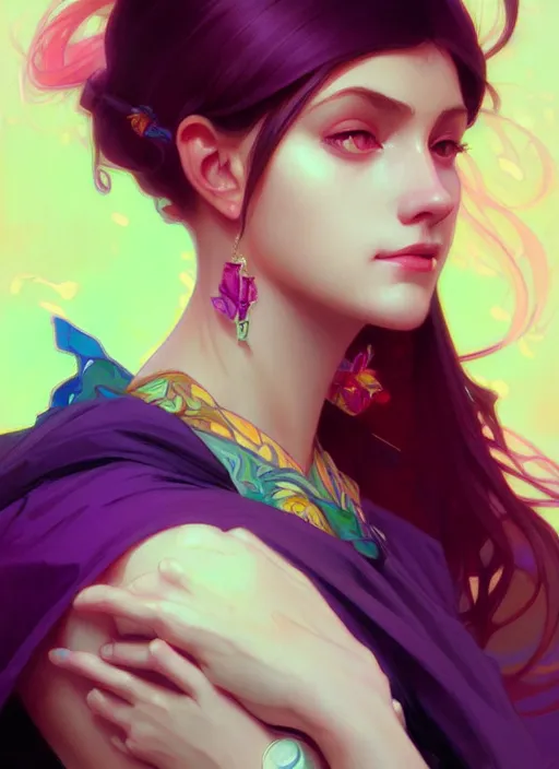 Image similar to portrait of an egirl, colorful, elegant, highly detailed, digital painting, artstation, concept art, smooth, sharp focus, illustration, art by artgerm and greg rutkowski and alphonse mucha