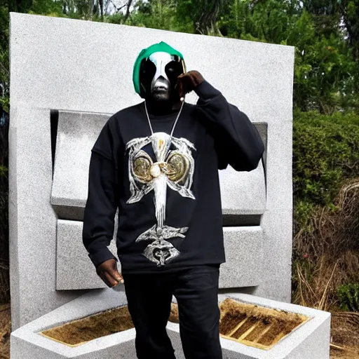 Image similar to rapper MF DOOM standing next to a hollowed out grave and coffin