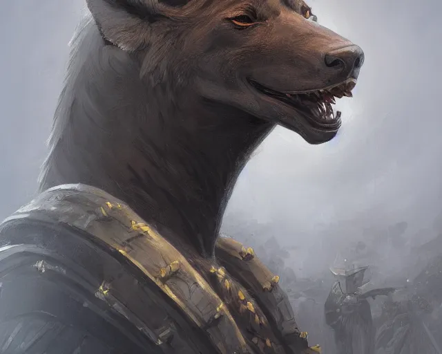 Image similar to A detailed matte oil on canvas head on symmetrical portrait of a man with the head of a hyena wearing heavy armor by Charlie bowater, Lise Deharme, Wlop, trending on artstationhd, dungeons and dragons art, critical role