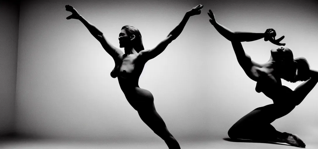 Prompt: photo portrait of a athletic girl body, no clothes, raised hands, white background, by helmut newton, up light, front light, black and white, highly detailed, cinematic, dynamic lighting