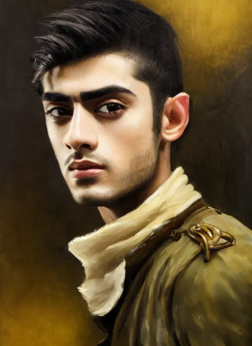 Prompt: head and shoulders portrait painting of young man who looks like zayn malik as an elf by jeremy mann, wearing leather napoleonic military style jacket, only one head single portrait, pointy ears, black background, soft top lighting, dark and moody, shadowed, contrast