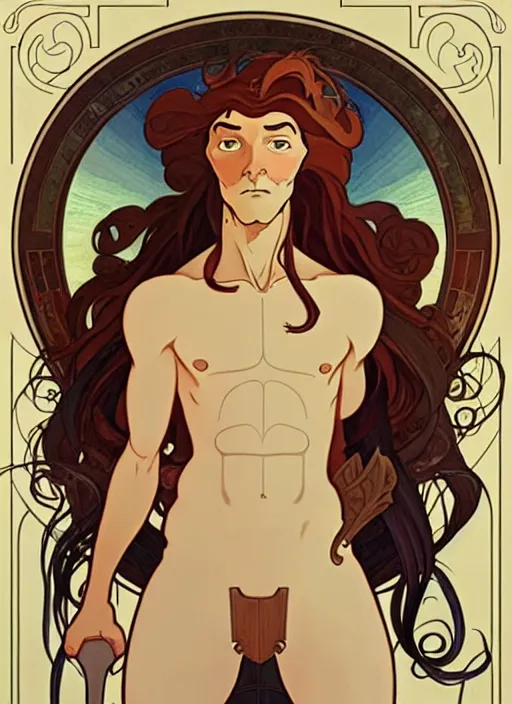 Image similar to art nouveau portrait of centaur man, natural lighting, path traced, highly detailed, high quality, cartoon, digital painting, by don bluth and ross tran and studio ghibli and alphonse mucha