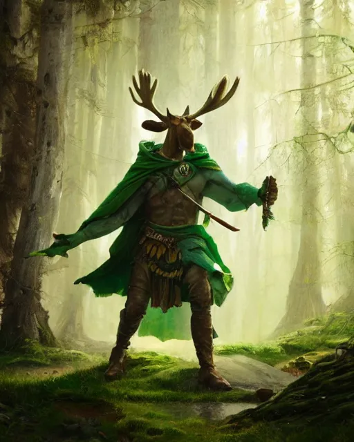 Image similar to oil painting of Anthropomorphized Moose casting spell, wearing green cloak, wearing war paint, sharp focus, fantasy style, octane render, volumetric lighting, 8k high definition, by greg rutkowski, highly detailed, trending on art Station, magic the gathering artwork, magical forest backround, centered