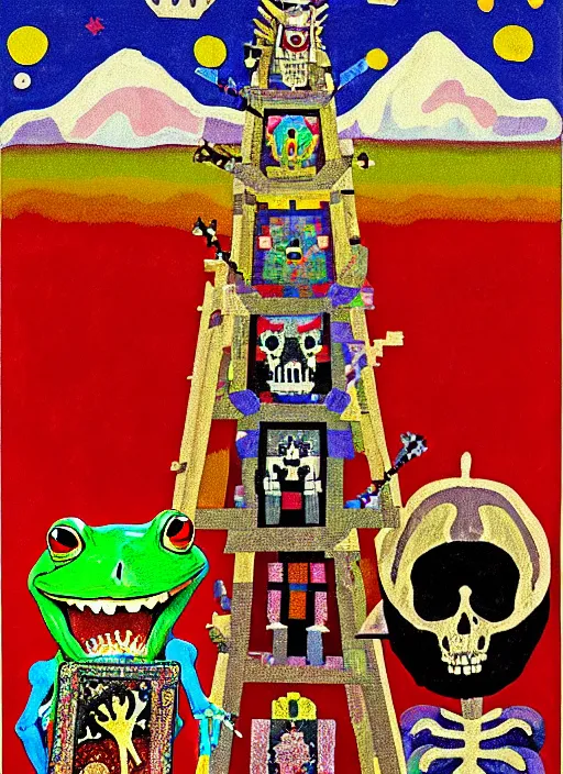 Image similar to pixel decollage painting tarot lovers card composition tower of babel road red armor maggot bear and wonky alien frog skeleton knight on a horse in a dark red cloudy night sky with golden foil jewish stars and diamonds, mountain lake and blossoming field in background, painted by Mark Rothko, Helen Frankenthaler, Danny Fox and Hilma af Klint, pixelated, neo expressionism, semi naive, pastel colors, cinematic, color field painting, cave painting, voxel, pop art look, outsider art, minimalistic. Bill Traylor painting, part by Philip Guston, Amano and Francis Bacon. art by Adrian Ghenie and Storm Thorgerson, very coherent symmetrical artwork, cinematic, hyper realism, high detail, octane render, unreal engine, Smooth gradients, depth of field, full body character drawing, extremely detailed, 8k, extreme detail, intricate detail, masterpiece