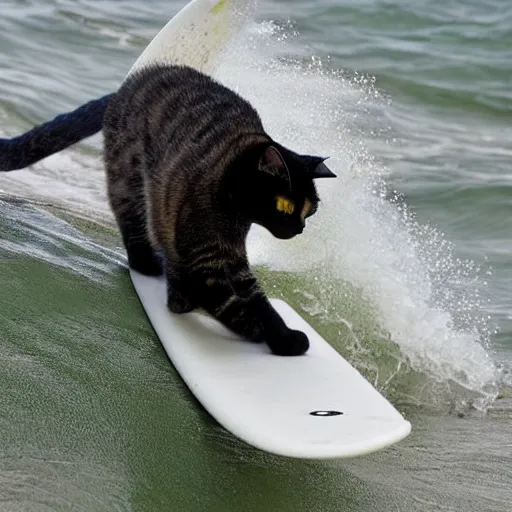 Image similar to cat nonchalantly surfs a gnarly wave,