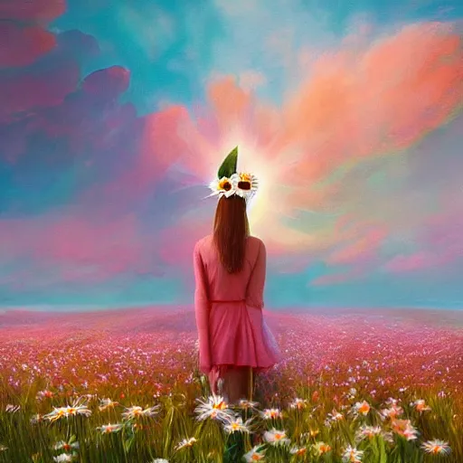 Prompt: giant white daisy flowers as head, full body girl standing in a flower field, surreal photography, sunrise, dramatic light, impressionist painting, colorful clouds, digital painting, artstation, simon stalenhag