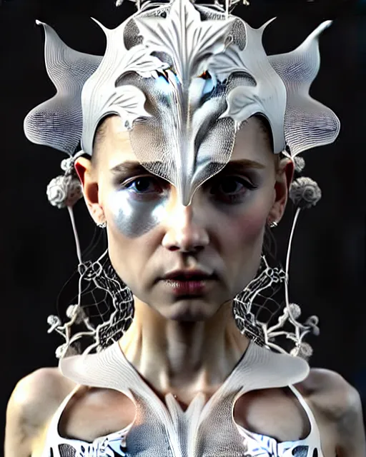 Prompt: bw 3 d render, stunning beautiful little girl angelic cute biomechanical albino female cyborg with a porcelain profile face, rim light, big leaves and stems, roots, fine foliage lace, alexander mcqueen, art nouveau fashion embroidered collar, steampunk, silver filigree details, hexagonal mesh wire, mandelbrot fractal, elegant, artstation trending