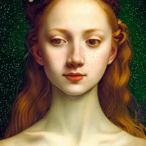 Prompt: portrait of a happy young woman, among the lights of golden fireflies and nature, long loose red hair, intricate details, green eyes, hint of freckles, round gentle face, gorgeous dress, deep focus, smooth, sharp, golden ratio, hyper realistic digital art by artemisia lomi gentileschi and leonardo da vinci and artgerm