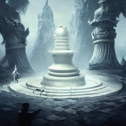 Prompt: a giant white chess pawn piece, chess pawn, chess pawn, chess pawn, chess pawn, chess pawn, battlefield background, bright art masterpiece artstation. 8 k, sharp high quality artwork in style of jose daniel cabrera pena and greg rutkowski, concept art by tooth wu, hearthstone card game artwork, chess pawn