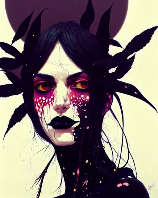 Image similar to close up, captivating, memorable, a ultradetailed beautiful photo of a unique woman wearing a hippy goth outfit standing too too too close, staring at you by conrad roset, greg rutkowski and makoto shinkai trending on artstation