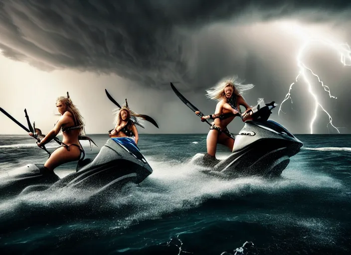 Image similar to dramatic photo of viking women with weapons riding on jet skis, wearing skin - tight futuristic valkerie bikinis, rough seas in background, lightning storms, water world, mad max, hyper - realistic, highly detailed, accurate, 8 k octane render, 2 8 mm, wide angle, rule of thirds