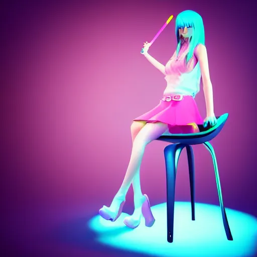 Image similar to high quality portrait of gaming girl with controller sitting futuristic tall chair, lollipop candy, fashion photo, cool lighting, 3D render, pastel color