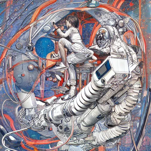 Image similar to james jean art of a part in space, hyper detail