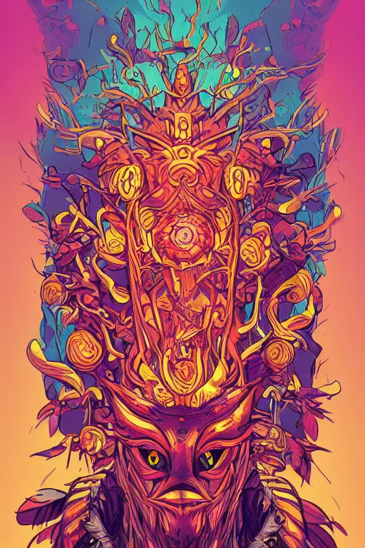 Image similar to animal mask totem roots tribal feather gemstone plant wood rock shaman vodoo video game vector illustration vivid multicolor borderlands comics by josan gonzales and dan mumford radiating a glowing aura