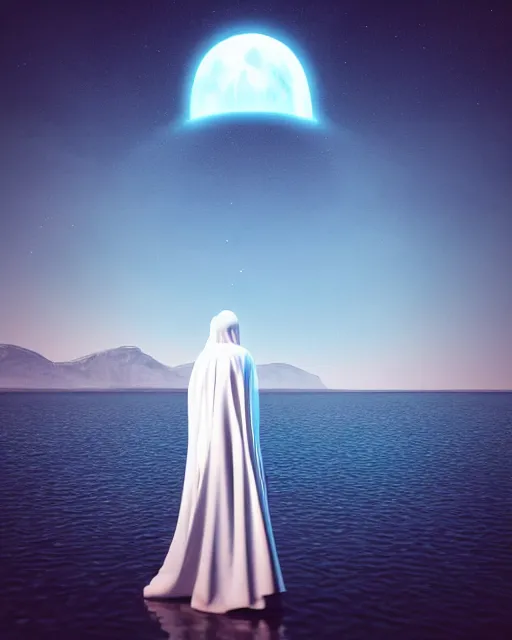 Image similar to a person wearing a white cloak that's blowing in the wind. they are standing in the water. a large planet with rings is visible in the sky. an album cover by stanley twardowicz, trending on cg society, retrofuturism, retrowave, chillwave, synthwave, 3 d render, unreal engine