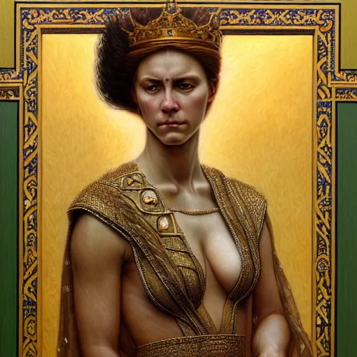 Image similar to highly detailed portrait of a majestic lioness queen in the form of a beautiful woman. d & d, art by donato giancola and edmund leighton and wes anderson. trending on artstation, intricate details, energetic composition, golden ratio, concept art, illustration, elegant art, global illuminaition