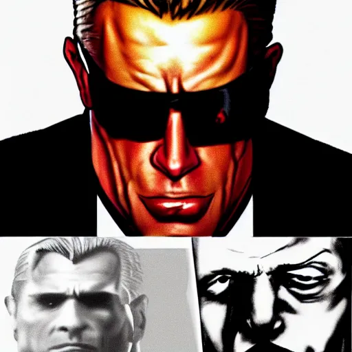 Image similar to Duke Nukem as The American Psycho, staring intensely, Duke Nukem art style, cinematic still