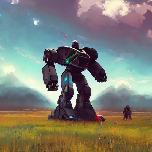 Image similar to a giant robot in the middle of a field. landscape, concept art, in the style of wlop, rossdraws, digital art, artstation trending