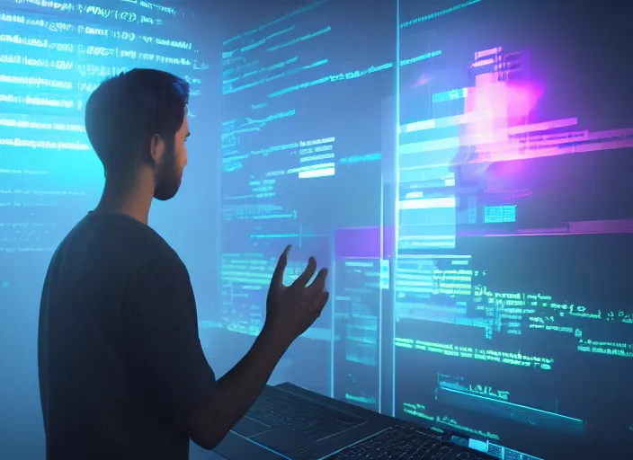 Prompt: hyperfocused young programmer, starring at his code, becoming one with the machine, epic lighting, vibrant colours, volumetric fog, unreal engine