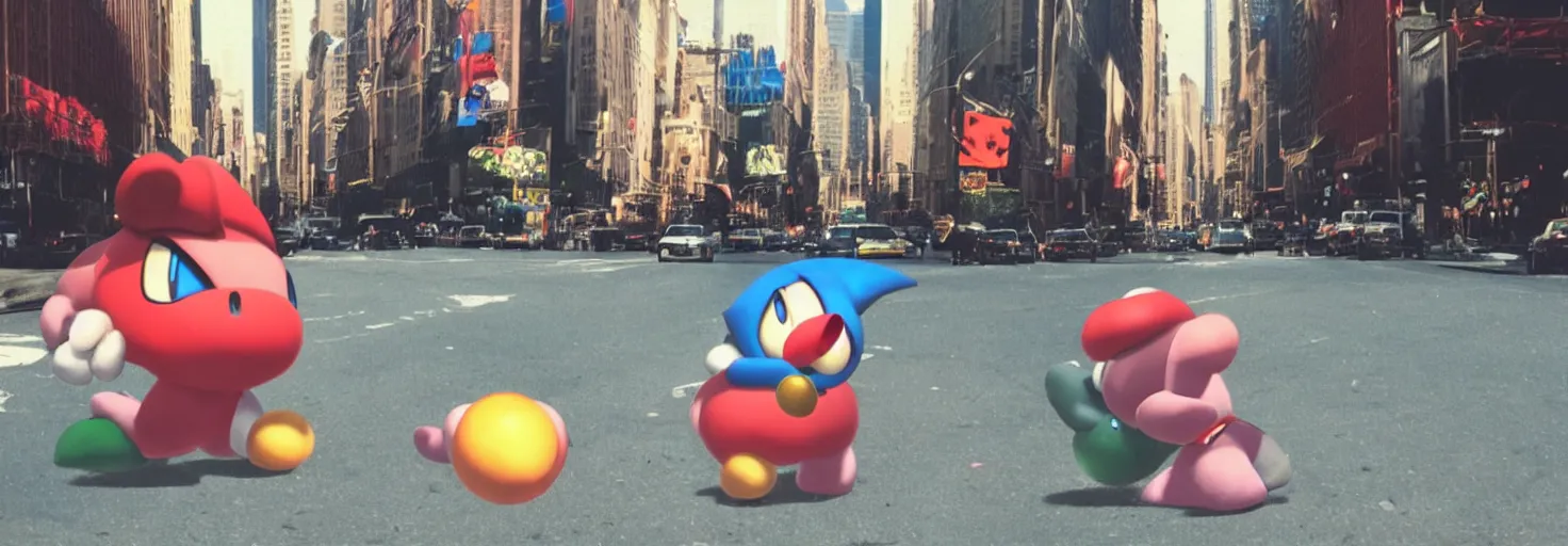 Image similar to Polaroid Photo of Kirby from super smash bros on the street in New York City