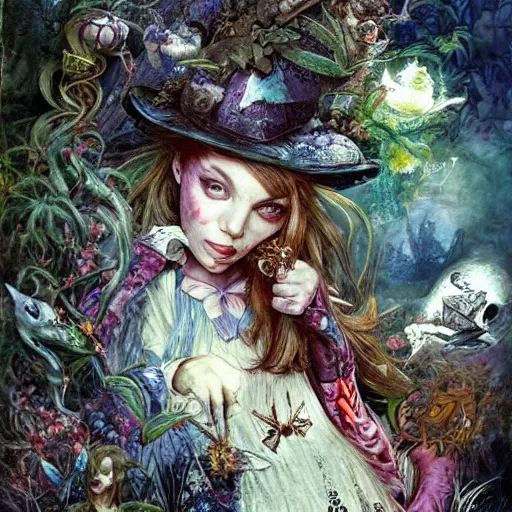 Prompt: alice in wonderland high on weed, intricate detail, painting, royo, frazetta, whealan,