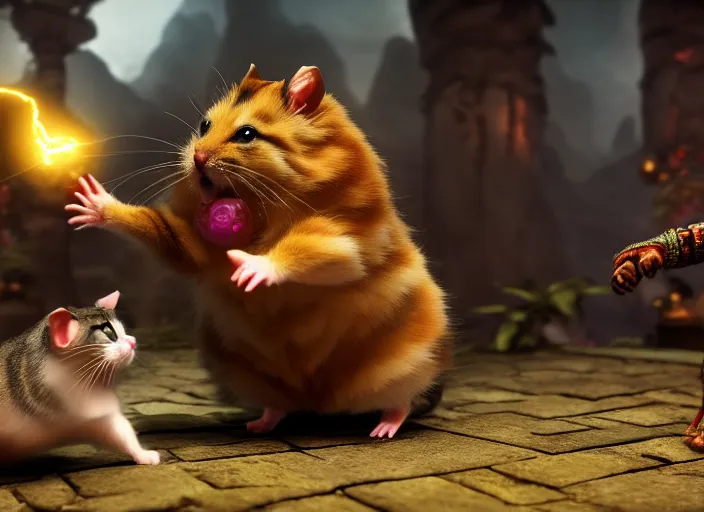 Image similar to hamster fights a cat in mortal kombat on the background of a laughing shao khan. fantasy magic style. highly detailed 8 k. intricate. lifelike. soft light. sony a 7 r iv 5 5 mm. unreal engine with nanite and path tracing