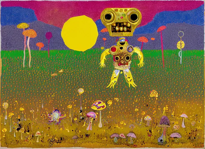 Image similar to pixel decollage painting golden armor alien zombie horseman riding on a crystal bone dragon broken rainbow diamond maggot horse in a blossoming meadow full of colorful mushrooms and golden foil toad blobs in a golden sunset, distant forest horizon, painted by Mark Rothko, Helen Frankenthaler, Danny Fox and Hilma af Klint, pixelated, neo expressionism, semi naive, rich deep colors, cinematic, color field painting, cave painting, voxel, pop art look, outsider art, minimalistic. Bill Traylor painting, part by Philip Guston and Francis Bacon. art by Adrian Ghenie, 8k, extreme detail, intricate detail, masterpiece