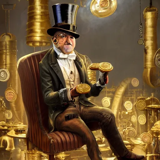 Image similar to oil painting of grumpy rich steampunk owl, sitting in fancy chair, wearing top hat, holding gold coin, steampunk factory background, machines in background, sharp focus, fantasy style, octane render, volumetric lighting, 8k high definition, by greg rutkowski, highly detailed, trending on art Station, magic the gathering artwork, centered,