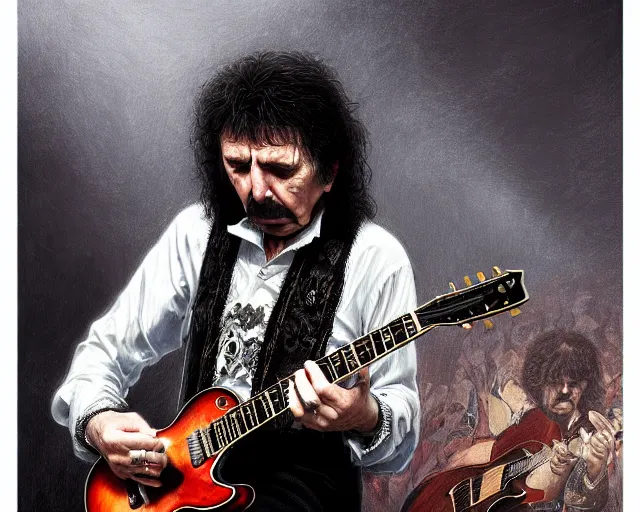 Prompt: photography of tony iommi playing a guitar at a tavern concert, 8 k, deep focus, d & d, fantasy, intricate, elegant, highly detailed, digital painting, artstation, concept art, matte, sharp focus, illustration, hearthstone, art by artgerm and greg rutkowski and alphonse mucha