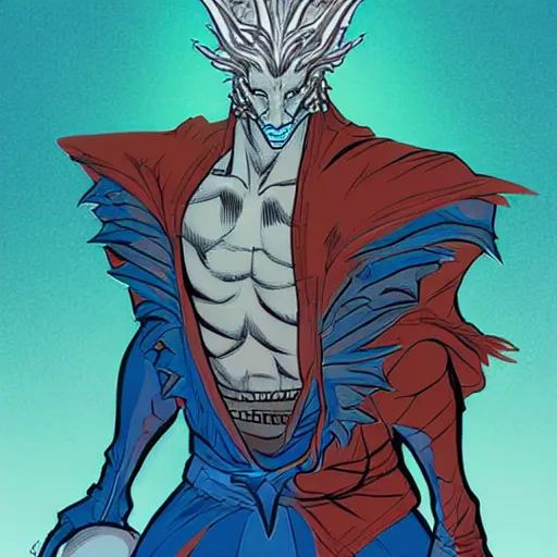 Image similar to head and shoulders porrtrait of a medieval fantasy anthropomorphic blue dragon - human hybrid with electrcity magic, fantasy, d & d, high details, art by phil noto and frank miller