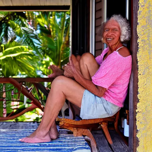 Prompt: a beautiful woman with freckles sitting on the porch, caribbean, golden hour