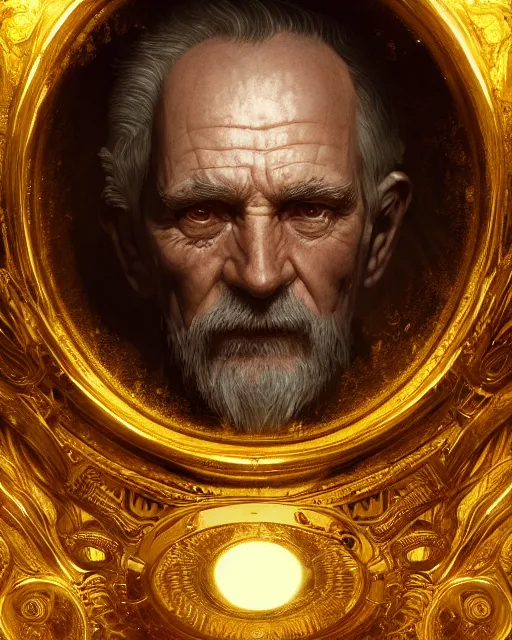 Prompt: An old man looking in a golden mirror, beautiful face, highly detailed face, close-up, fantasy art, male art, in the style of greg rutkowski, illustration, epic, fantasy, intricate, hyper detailed, artstation, concept art, smooth, sharp focus, ray tracing