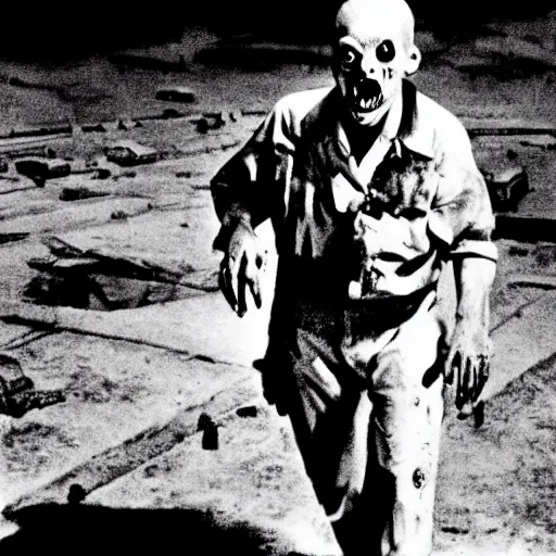 Image similar to real life irradiated walking zombie 1950s nuclear wasteland black and white award winning photo highly detailed, highly in focus, highly life-like Arriflex 35 II, by stanley kubrick