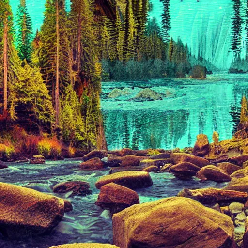 Image similar to a beautiful landscape, river, rocks, trees, by greg rutkowsi, glitch, glitchy, vhs, corrupted