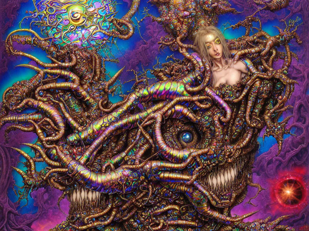 Prompt: realistic detailed image of Holographic Iridescent Multicolored Metallic Technological Nightmare Abomination Monster God by Lisa Frank, Ayami Kojima, Amano, Karol Bak, Greg Hildebrandt, and Mark Brooks, Neo-Gothic, gothic, rich deep colors. Beksinski painting, part by Adrian Ghenie and Gerhard Richter. art by Takato Yamamoto. masterpiece